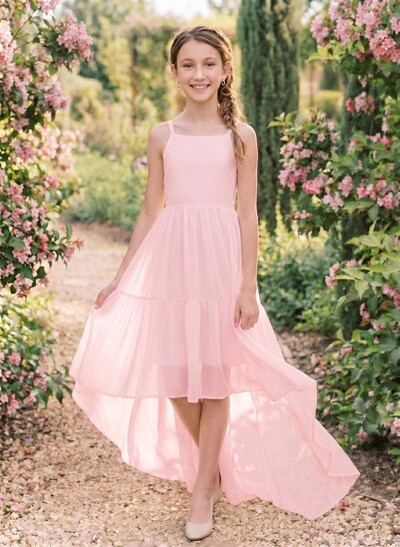 A-Line Square Neckline Sleeveless Asymmetrical Chiffon Flower Girl Dresses