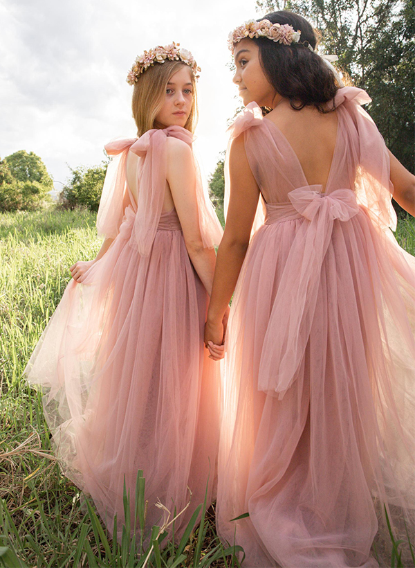 A-Line Scoop Neck Sleeveless Tulle Flower Girl Dresses With Bow(s)