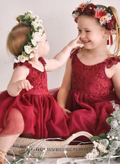 A-Line Scoop Neck Sleeveless Knee-Length Lace/Tulle Flower Girl Dresses