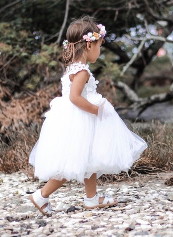 A-Line Square Neckline Tulle Flower Girl Dresses With Appliques Lace
