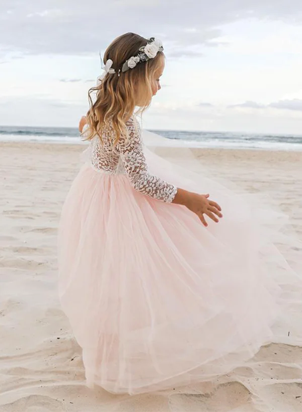 Missacc Pearl Pink Flower Girl Dresses A-Line Scoop Neck 3/4 Sleeves Floor-Length Lace/Tulle Flower Girl Dresses Missacc Pearl Pink Flower Girl Dresses A-Line Scoop Neck 3/4 Sleeves Floor-Length Lace/Tulle Flower Girl Dresses