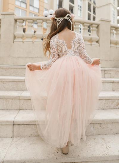 A-Line Scoop Neck 3/4 Sleeves Floor-Length Lace/Tulle Flower Girl Dresses