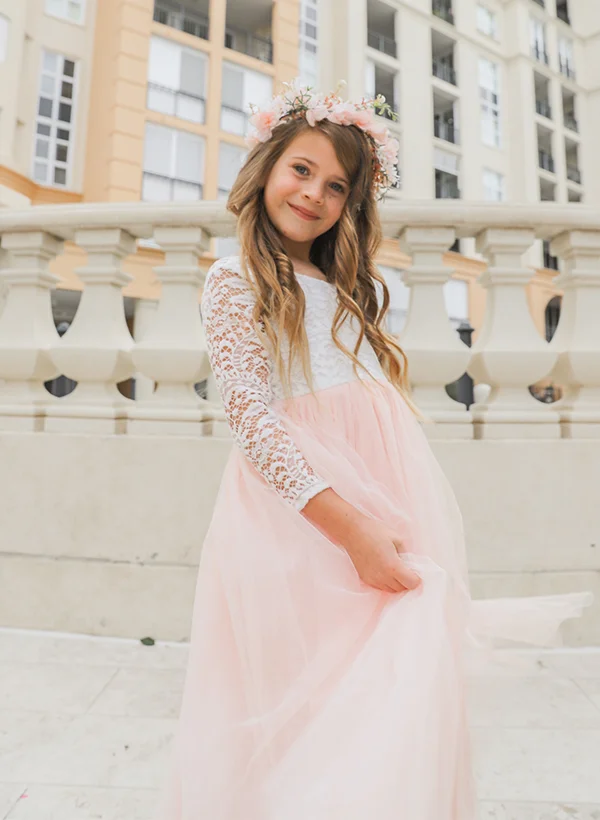 Missacc Pearl Pink Flower Girl Dresses A-Line Scoop Neck 3/4 Sleeves Floor-Length Lace/Tulle Flower Girl Dresses