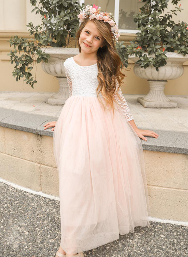 A-Line Scoop Neck 3/4 Sleeves Floor-Length Lace/Tulle Flower Girl Dresses