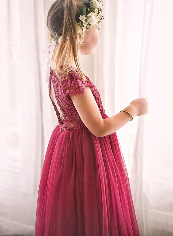 A-Line Scoop Neck Short Sleeves Lace/Tulle Flower Girl Dresses With Pleated