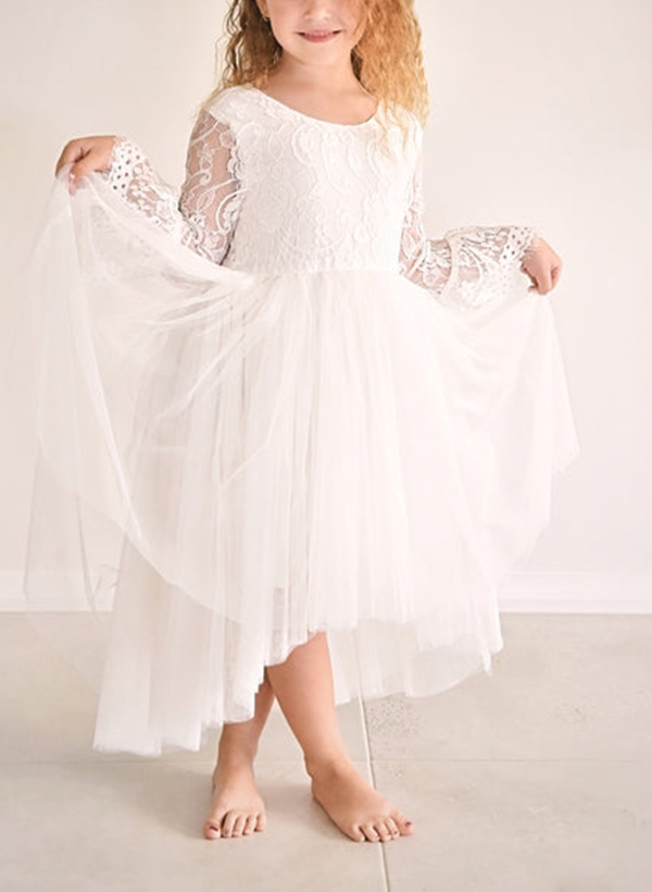 A-Line Scoop Neck Long Sleeves Asymmetrical Lace/Tulle Flower Girl Dresses