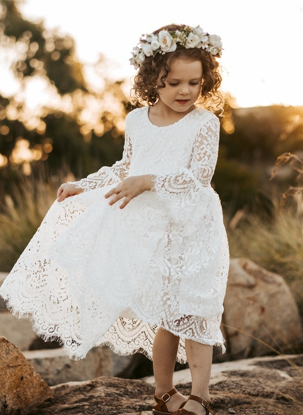A-Line Scoop Neck Long Sleeves Ankle-Length Lace Flower Girl Dresses