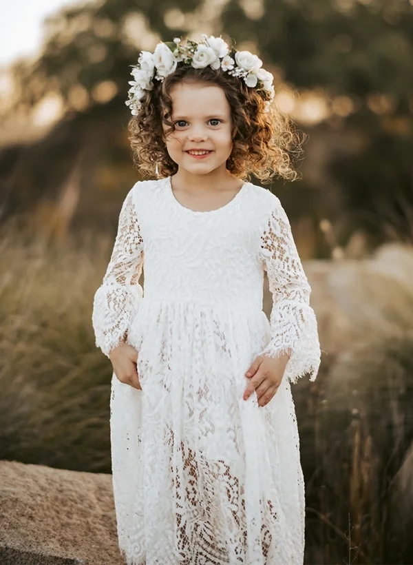 A-Line Scoop Neck Long Sleeves Ankle-Length Lace Flower Girl Dresses -  Missacc