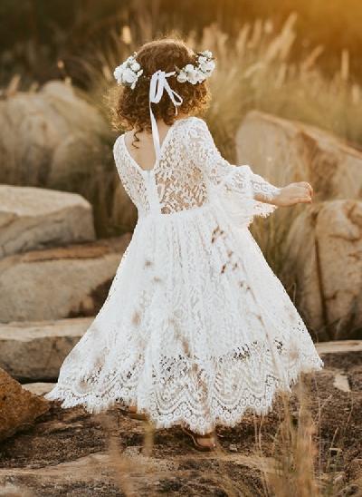 A-Line Scoop Neck Long Sleeves Ankle-Length Lace Flower Girl Dresses