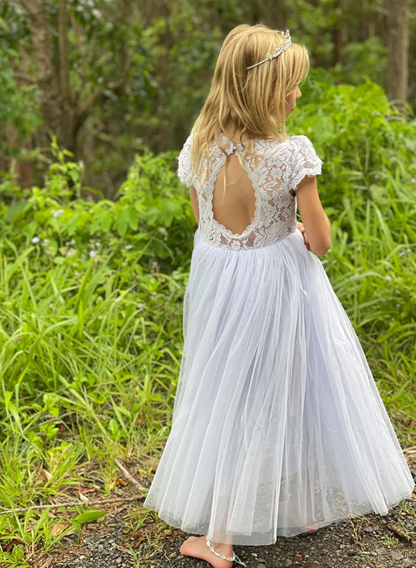 A-Line Scoop Neck Short Sleeves Floor-Length Lace/Tulle Flower Girl Dresses