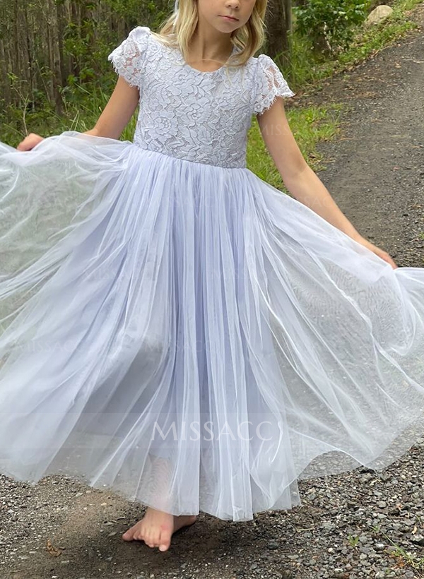 A-Line Scoop Neck Short Sleeves Floor-Length Lace/Tulle Flower Girl Dresses