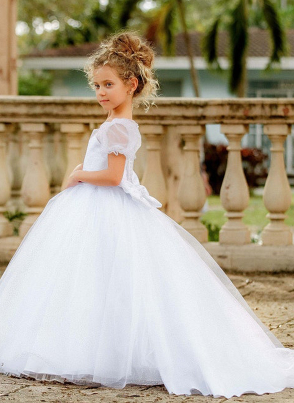 Sheath/Column Illusion Neck Short Sleeves Tulle Flower Girl Dresses With Bow(s)