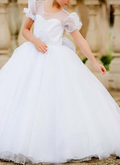 Sheath/Column Illusion Neck Short Sleeves Tulle Flower Girl Dresses With Bow(s)
