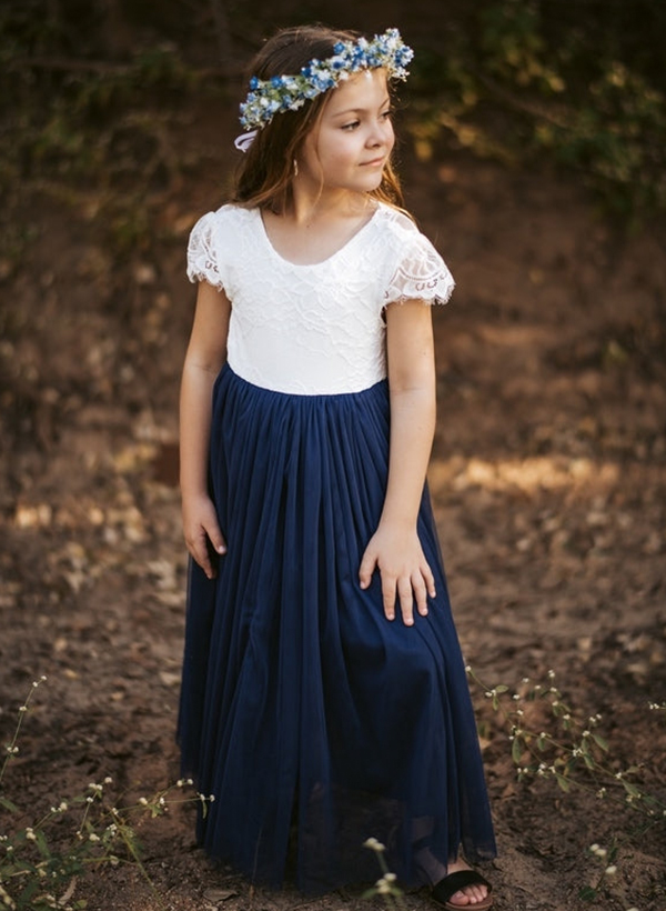 A-Line Scoop Neck Short Sleeves Floor-Length Lace/Tulle Flower Girl Dresses