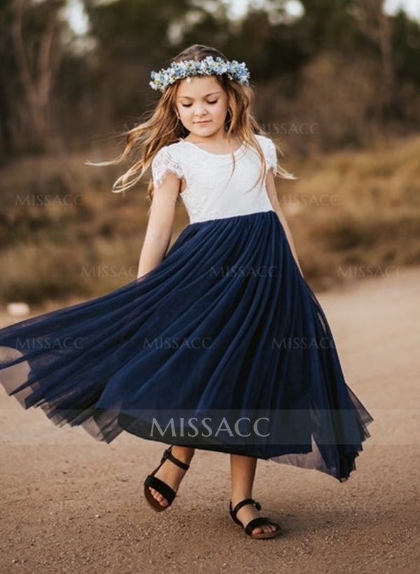 A-Line Scoop Neck Short Sleeves Floor-Length Lace/Tulle Flower Girl Dresses