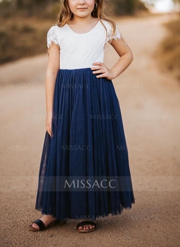 A-Line Scoop Neck Short Sleeves Floor-Length Lace/Tulle Flower Girl Dresses