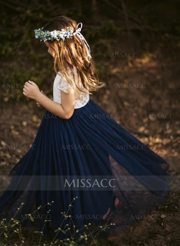 A-Line Scoop Neck Short Sleeves Floor-Length Lace/Tulle Flower Girl Dresses