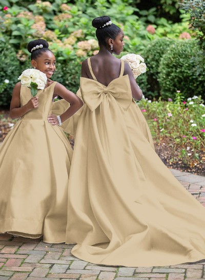 Ball-Gown Scoop Neck Sleeveless Satin Flower Girl Dresses With Bow(s) Ball-Gown Scoop Neck Sleeveless Satin Flower Girl Dresses With Bow(s)