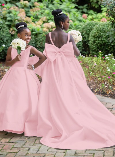 Ball-Gown Scoop Neck Sleeveless Satin Flower Girl Dresses With Bow(s)