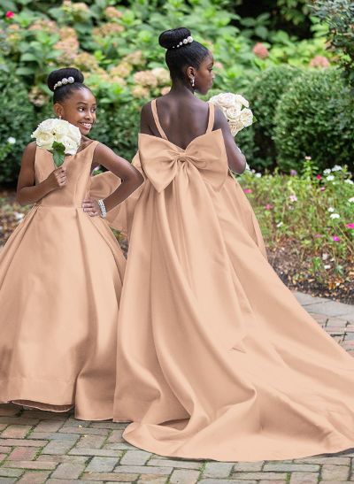 Ball-Gown Scoop Neck Sleeveless Satin Flower Girl Dresses With Bow(s)