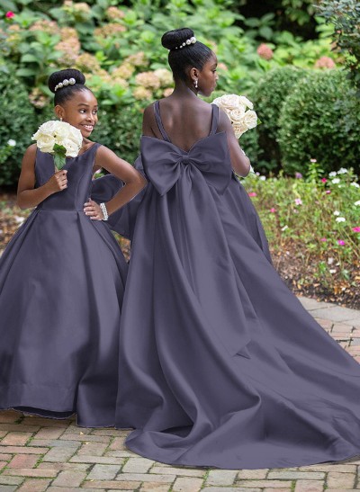 Ball-Gown Scoop Neck Sleeveless Satin Flower Girl Dresses With Bow(s)