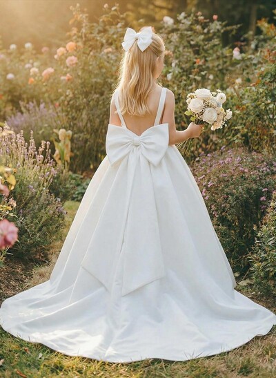 Ball-Gown Scoop Neck Sleeveless Satin Flower Girl Dresses With Bow(s)