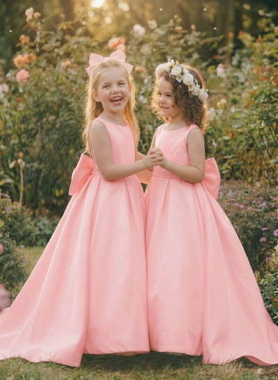 Ball-Gown Scoop Neck Sleeveless Satin Flower Girl Dresses With Bow(s)