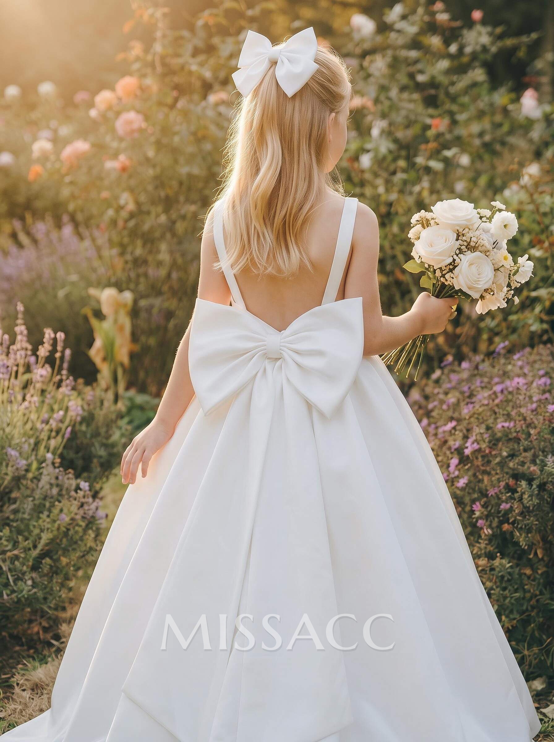 Ball-Gown Scoop Neck Sleeveless Satin Flower Girl Dresses With Bow(s)