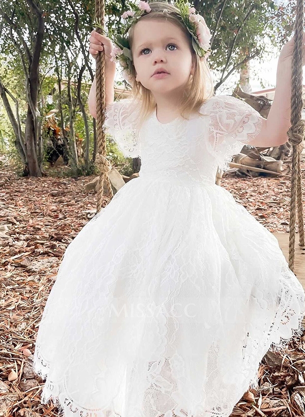 A-Line Scoop Neck Short Sleeves Floor-Length Lace Flower Girl Dresses