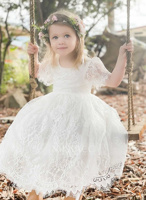 A-Line Scoop Neck Short Sleeves Floor-Length Lace Flower Girl Dresses