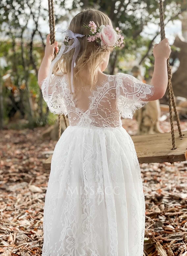 A-Line Scoop Neck Short Sleeves Floor-Length Lace Flower Girl Dresses