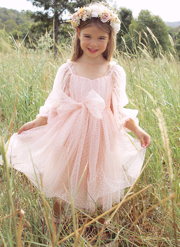 A-Line 3/4 Sleeves Tea-Length Tulle Flower Girl Dresses With Bow(s)