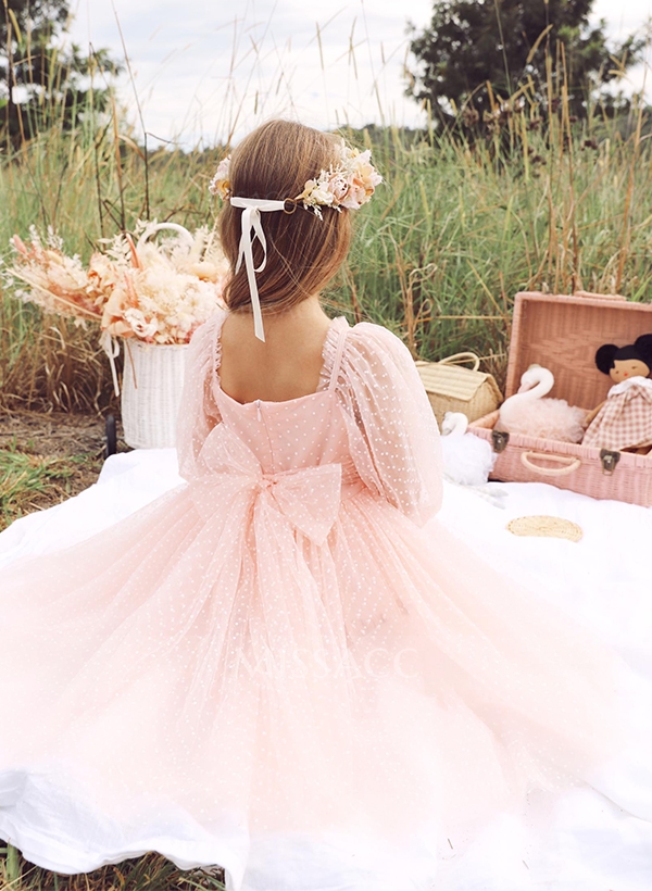 A-Line 3/4 Sleeves Tea-Length Tulle Flower Girl Dresses With Bow(s)