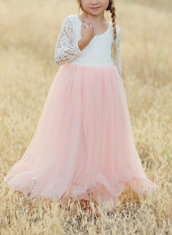 A-Line Scoop Neck Long Sleeves Floor-Length Lace/Tulle Flower Girl Dresses