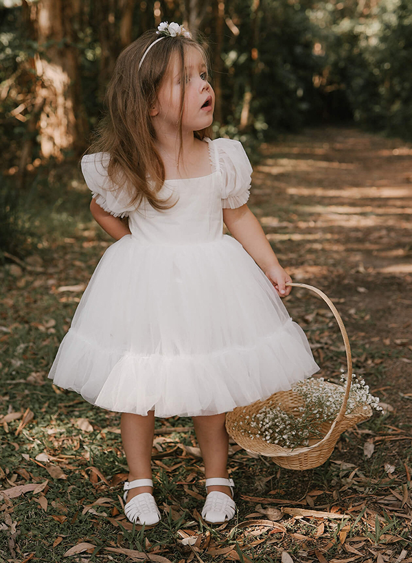A-Line Square Neckline Short Sleeves Tulle Flower Girl Dresses With Bow(s)