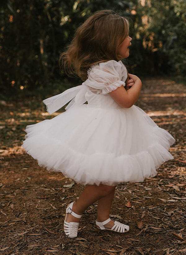 A-Line Square Neckline Short Sleeves Tulle Flower Girl Dresses With Bow(s)