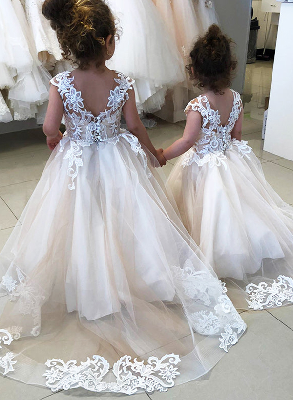 Ball-Gown Illusion Neck Sleeveless Sweep Train Lace/Tulle Flower Girl Dresses