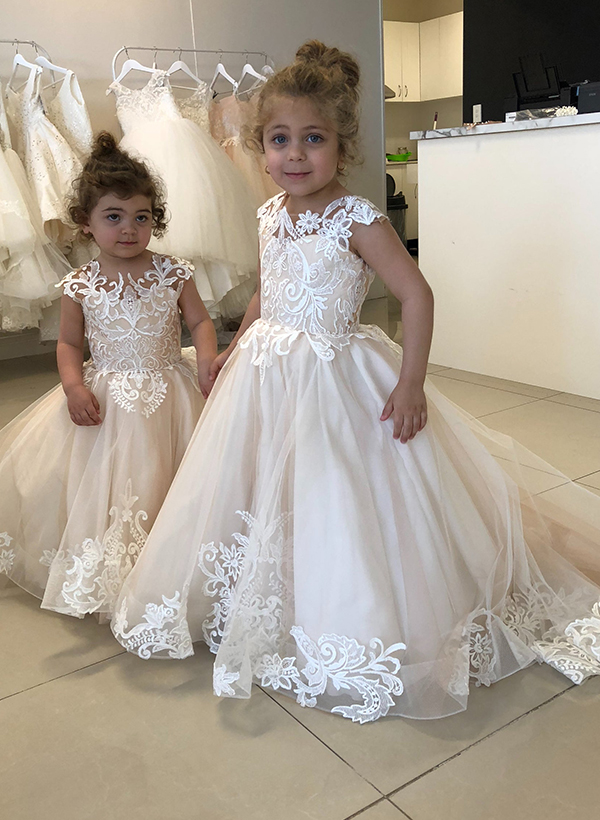 Ball-Gown Illusion Neck Sleeveless Sweep Train Lace/Tulle Flower Girl Dresses
