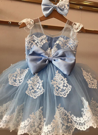 A-Line Scoop Neck Sleeveless Lace/Tulle Flower Girl Dresses With Bow(s)