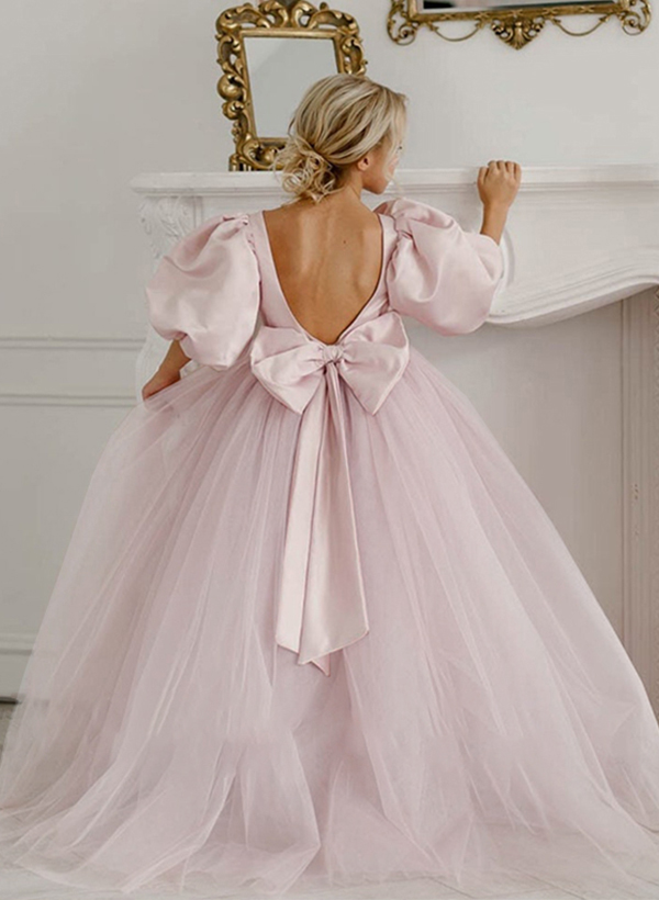 Ball-Gown Scoop Neck 1/2 Sleeves Satin/Tulle Flower Girl Dresses With Bow(s)