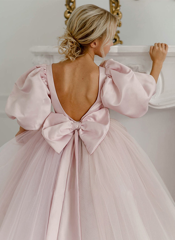 Ball-Gown Scoop Neck 1/2 Sleeves Satin/Tulle Flower Girl Dresses With Bow(s)