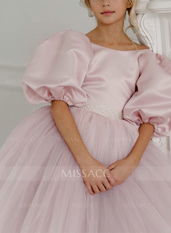Ball-Gown Scoop Neck Short Sleeves Knee-Length Flower Girl Dress with Lace