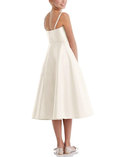 A-Line Scoop Neck Sleeveless Tea-Length Satin Flower Girl Dresses