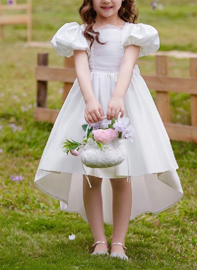 A-Line Short Sleeves Asymmetrical Satin/Tulle Flower Girl Dresses With Bow(s)