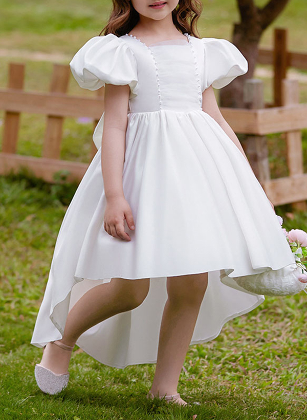 A-Line Short Sleeves Asymmetrical Satin/Tulle Flower Girl Dresses With Bow(s)