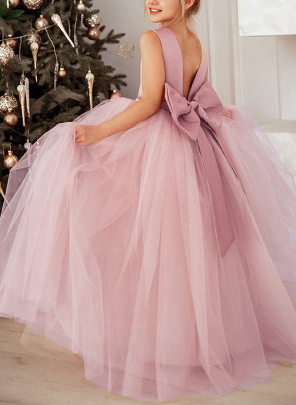 Ball-Gown Scoop Neck Sleeveless Satin/Tulle Flower Girl Dresses With Bow(s)