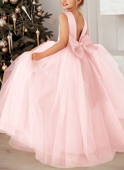 Ball-Gown Scoop Neck Sleeveless Satin/Tulle Flower Girl Dresses With Bow(s)