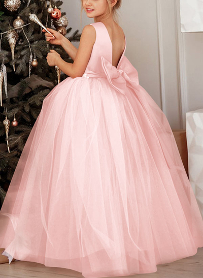 Ball-Gown Scoop Neck Sleeveless Satin/Tulle Flower Girl Dresses With Bow(s)