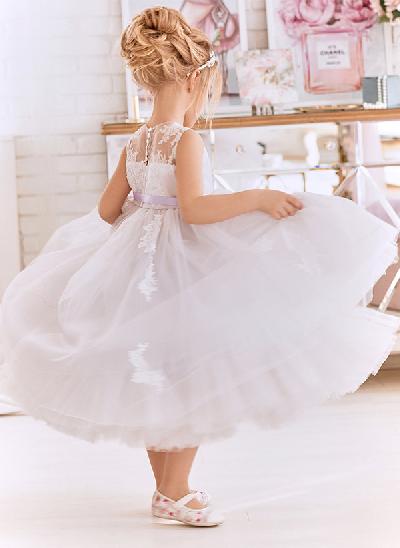 Ball-Gown Illusion Neck Sleeveless Lace/Tulle Flower Girl Dresses With Bow(s)