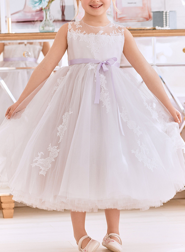 Ball-Gown Illusion Neck Sleeveless Lace/Tulle Flower Girl Dresses With Bow(s)